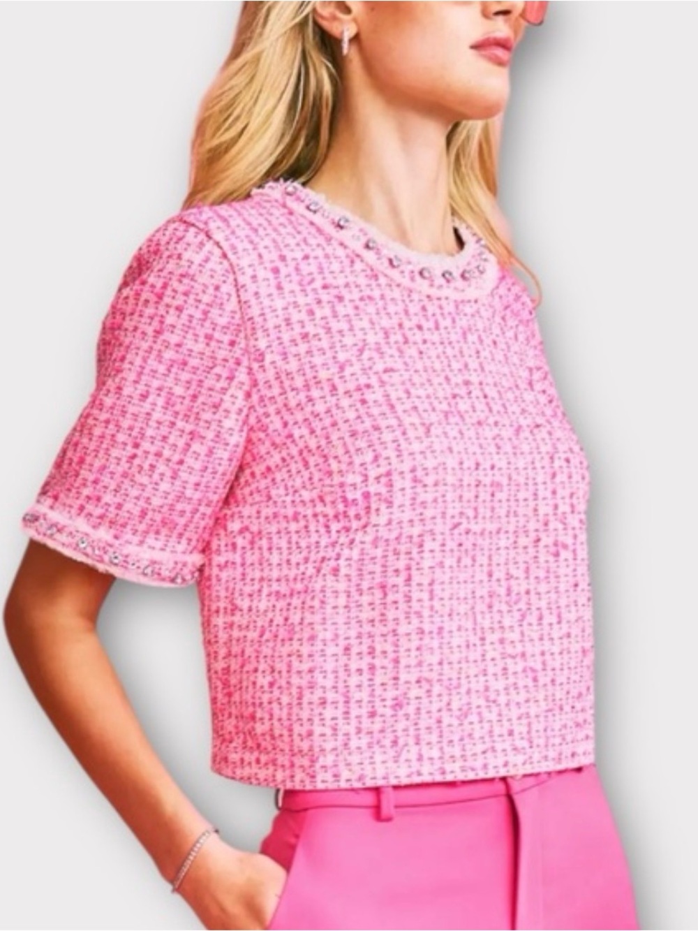Pink tweed Folie Boucle Top in Pink Palms Fantasy from Lilly Pullitzer